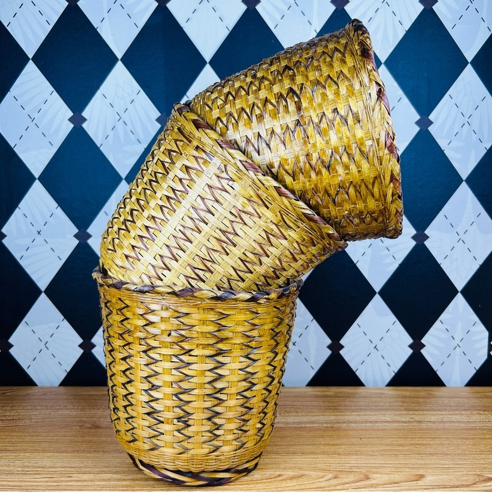 Vintage Woven Basket Set of 3‎ Primitive Natural Reed Set Rustic Traditional